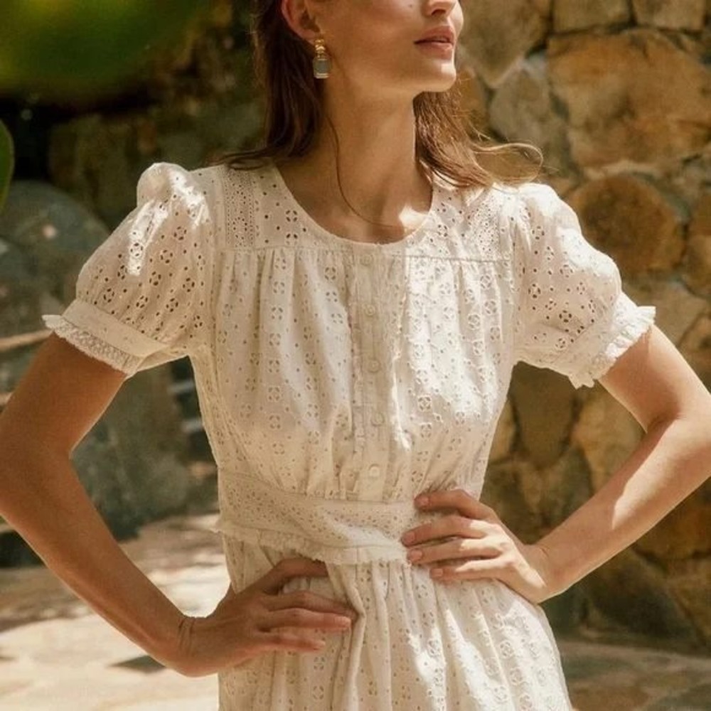 J.Crew White Eyelet Lace Cotton Mini Dress Short Puff Sleeve Button Front Size 4 - Picture 2 of 16